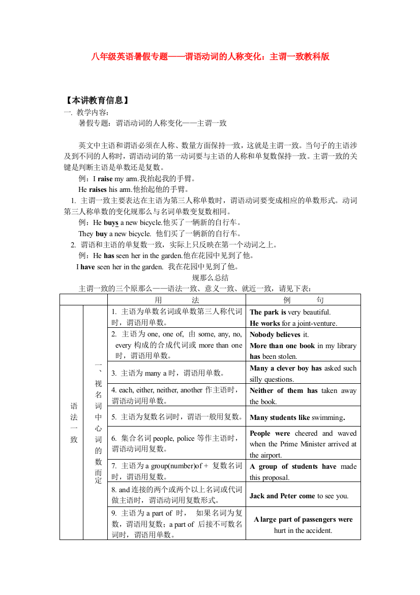 八年级英语暑假专题谓语动词的人称变化主谓一致教科