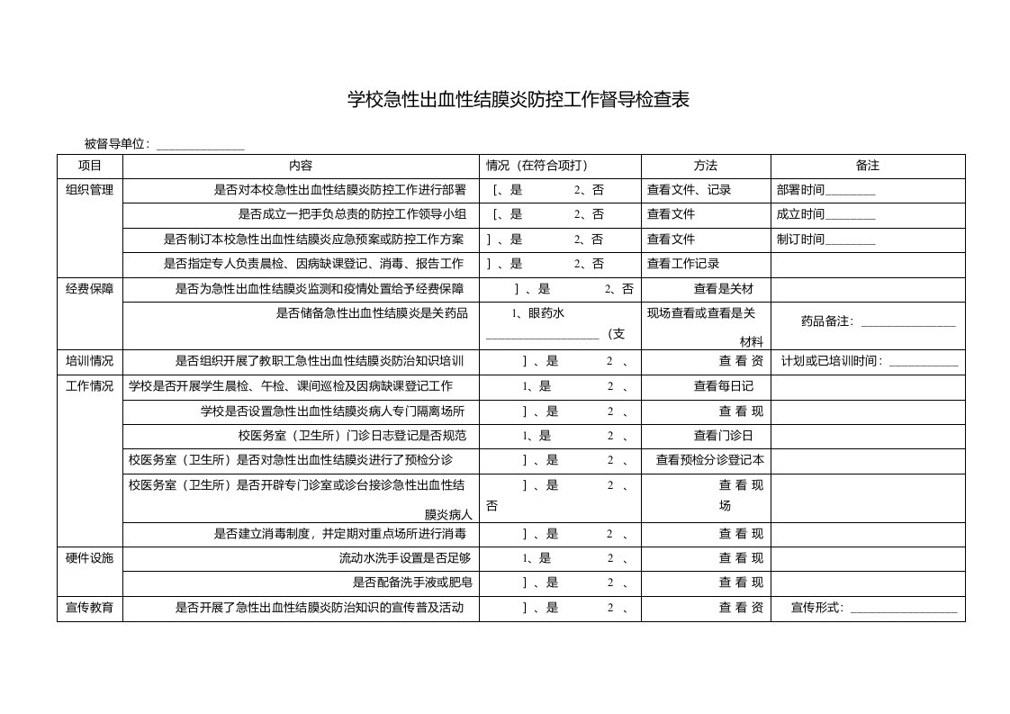 学校急性出血性结膜炎防控工作督导检查表