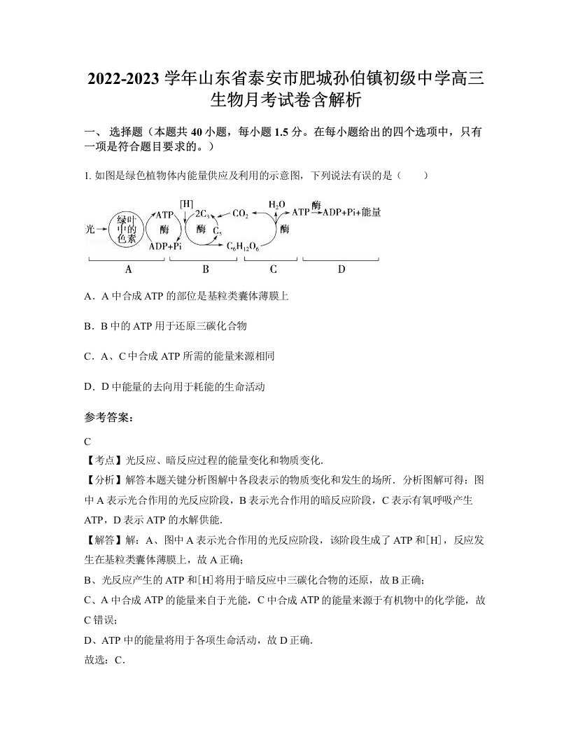 2022-2023学年山东省泰安市肥城孙伯镇初级中学高三生物月考试卷含解析