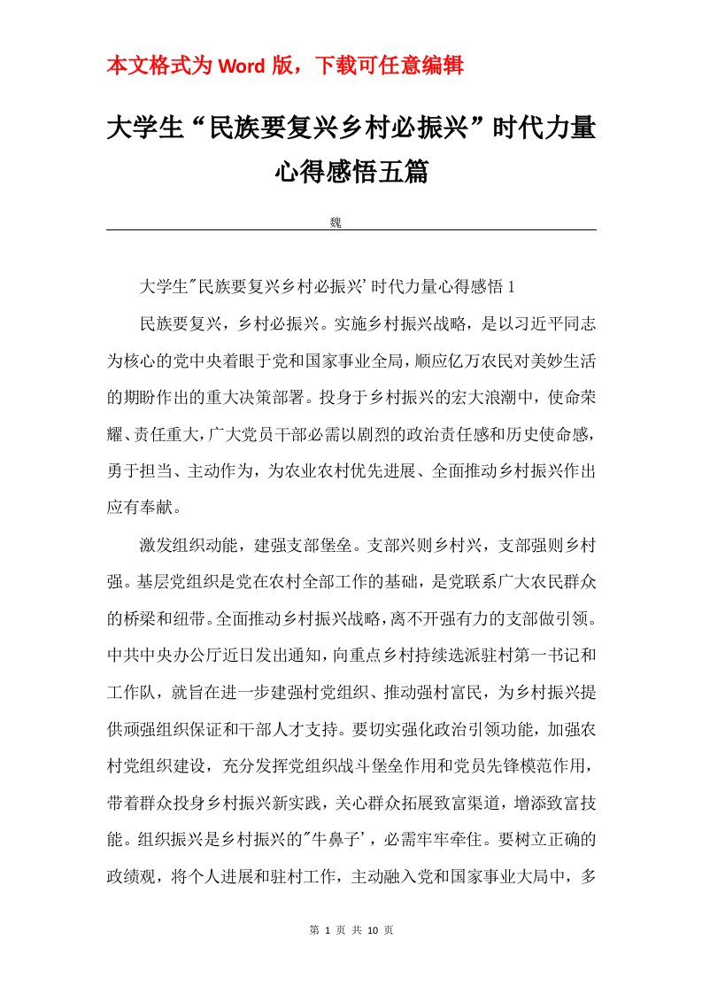 大学生民族要复兴乡村必振兴时代力量心得感悟五篇