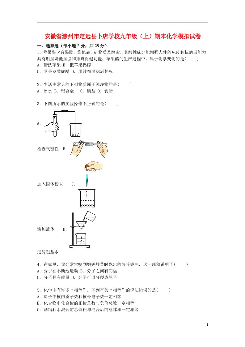 安徽省滁州市定远县卜店学校九级化学上学期期末模拟试题（含解析）