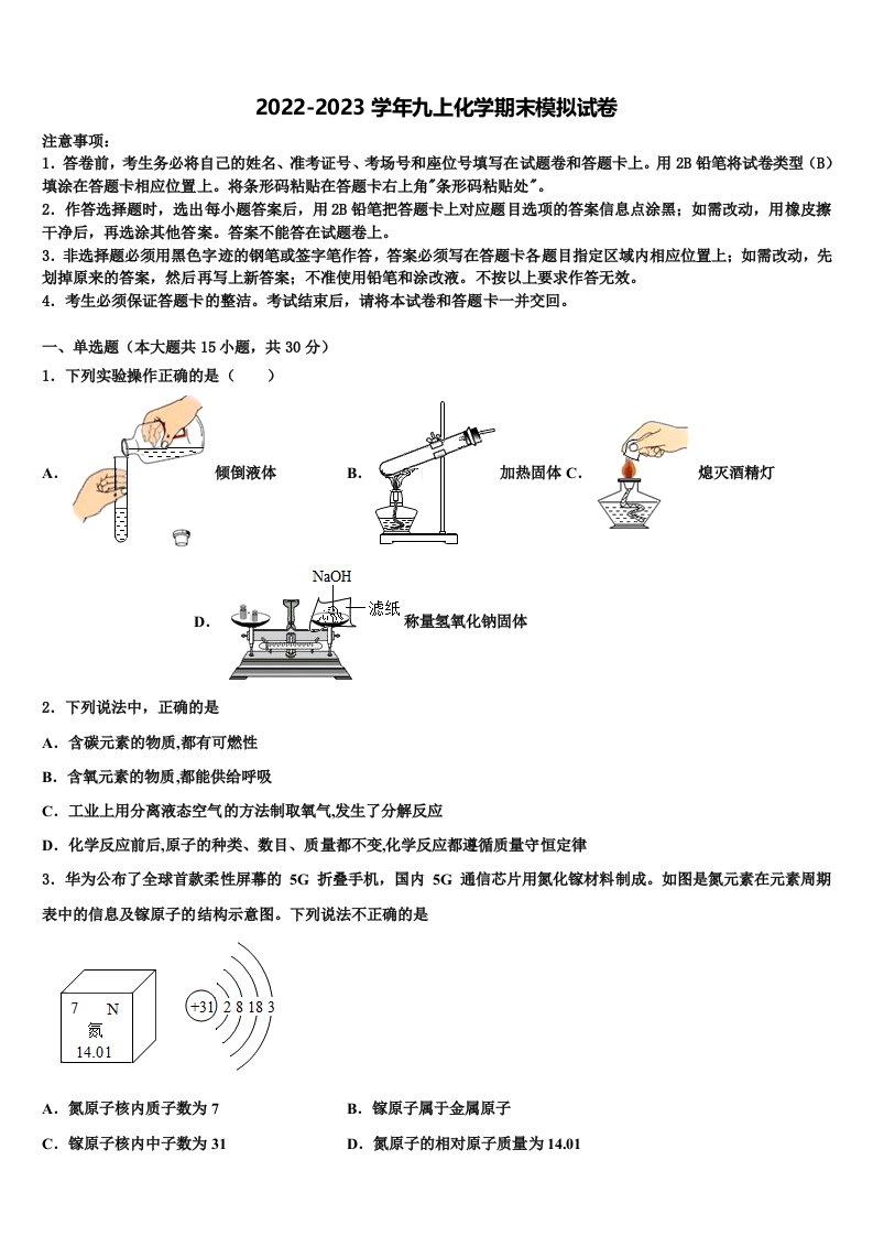 2022年广东省深圳市高级中学化学九年级第一学期期末经典模拟试题含解析