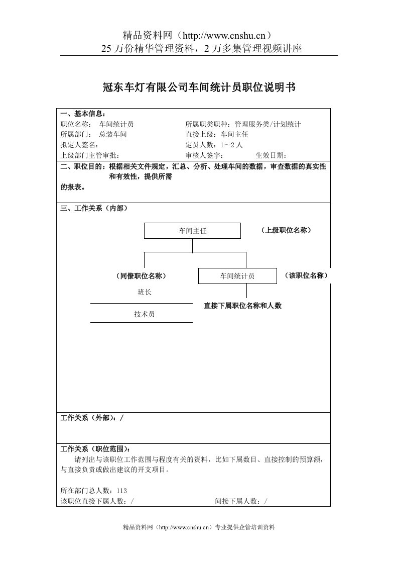 冠东车灯有限公司车间统计员职位说明书