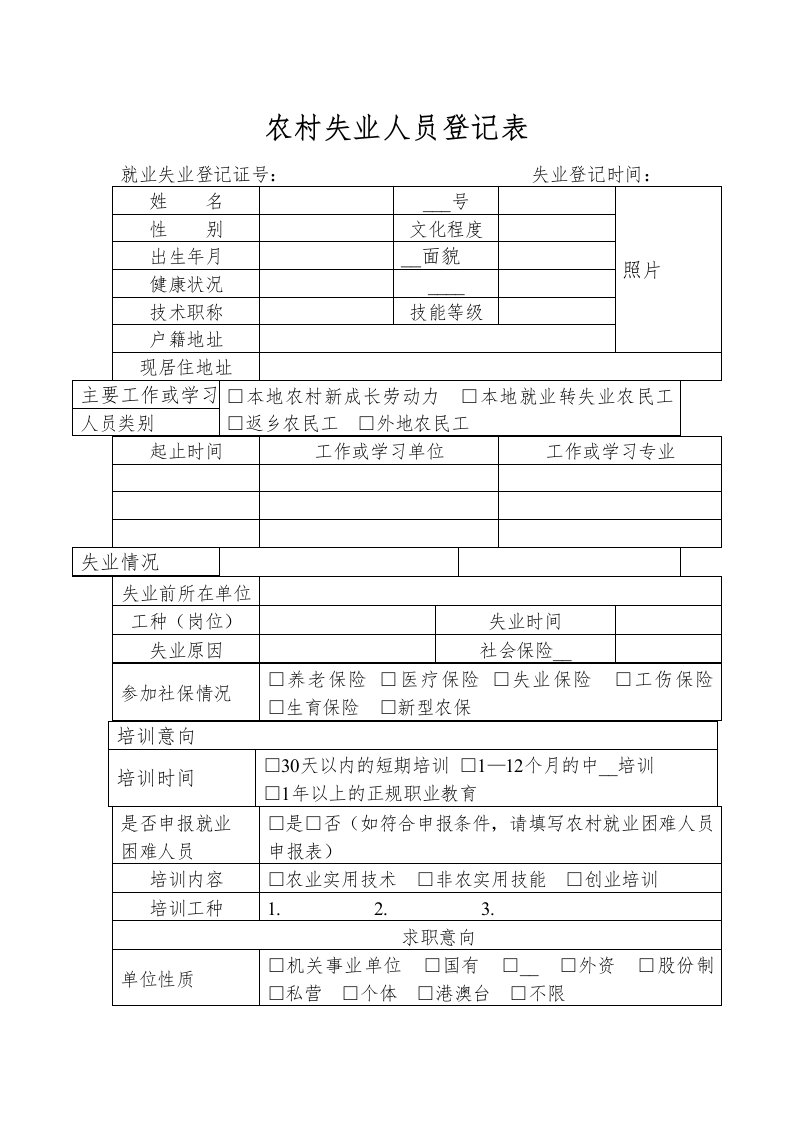 农村失业人员登记表