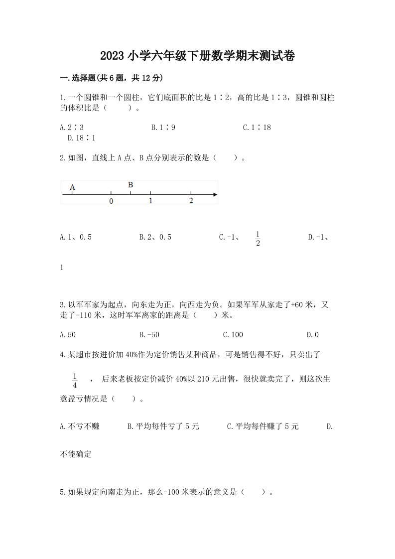 2023小学六年级下册数学期末测试卷（典优）word版