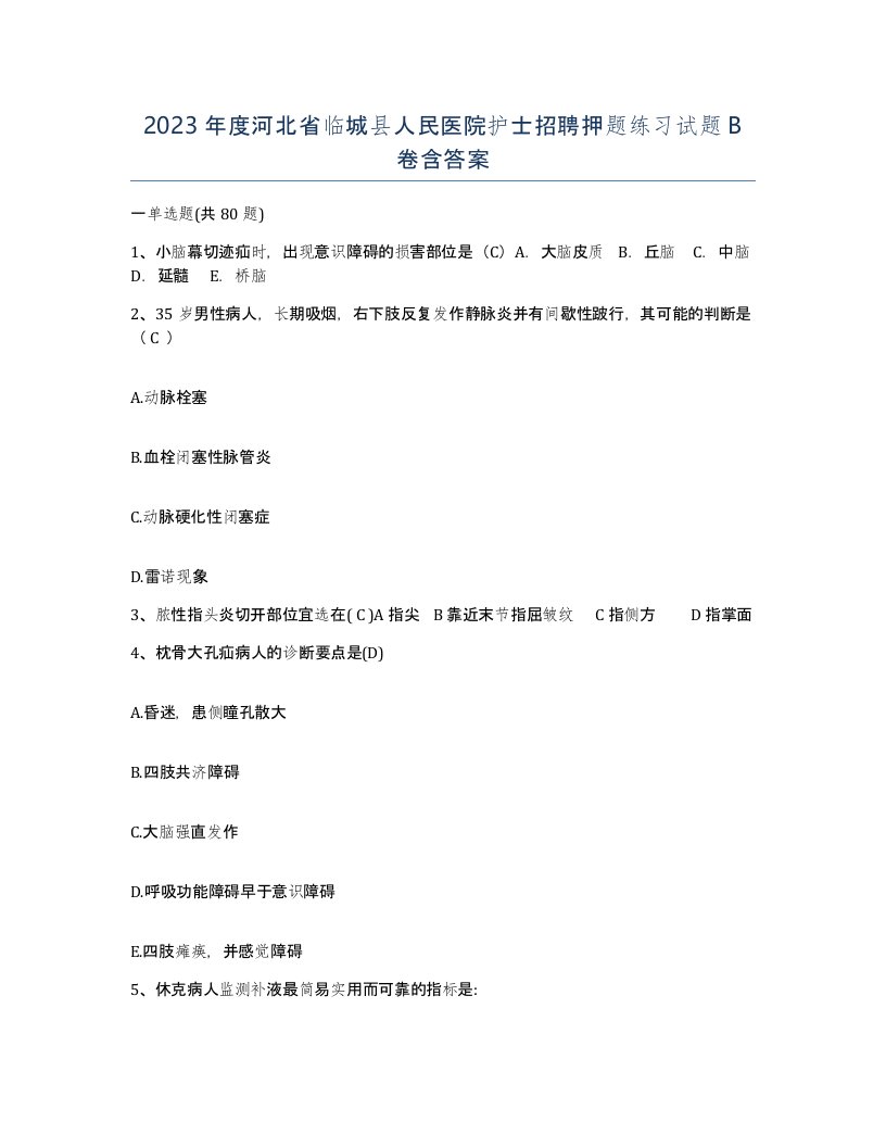 2023年度河北省临城县人民医院护士招聘押题练习试题B卷含答案