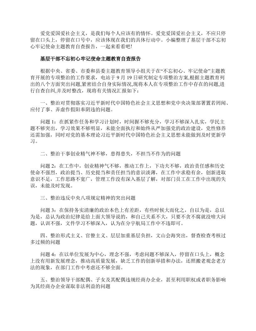 基层干部不忘初心牢记使命主题教育自查报告