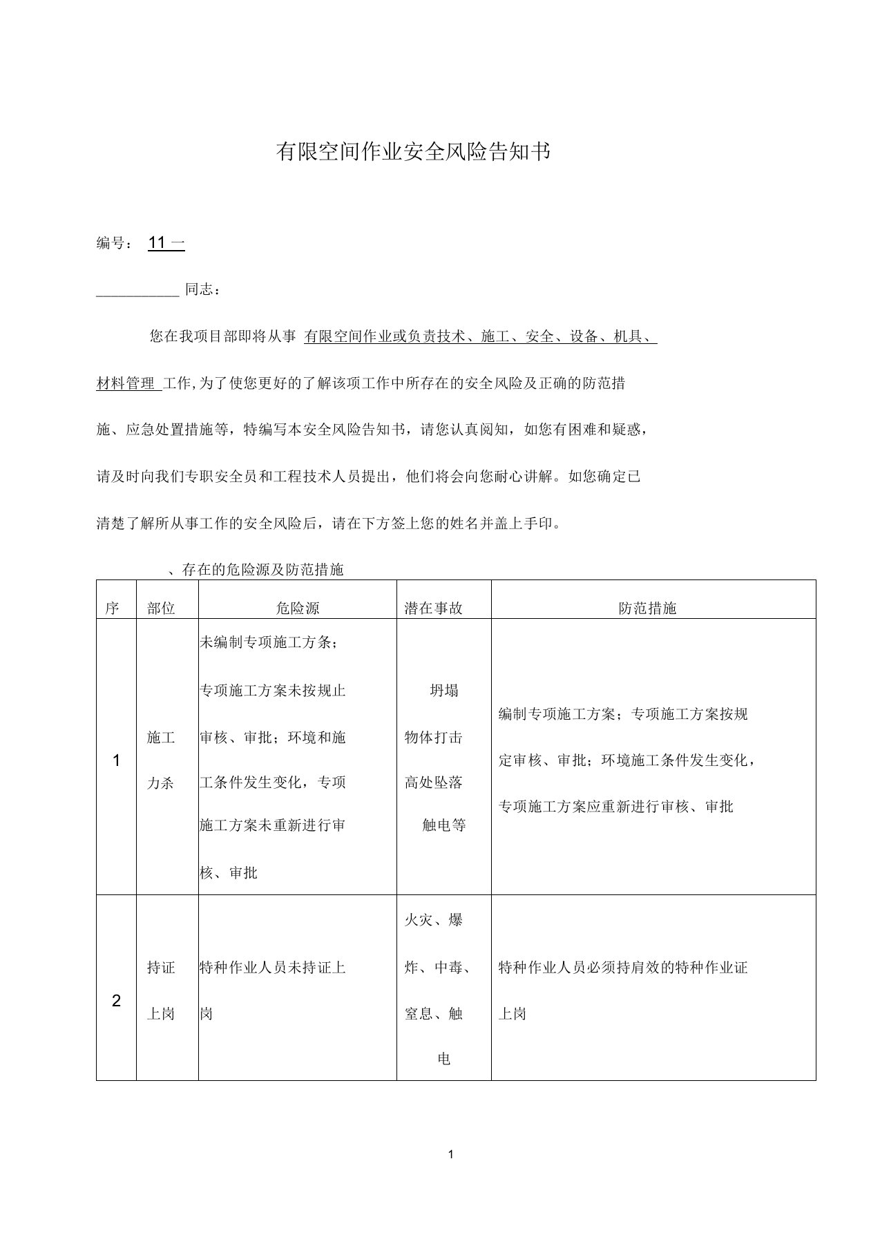 有限空间作业安全风险告知书