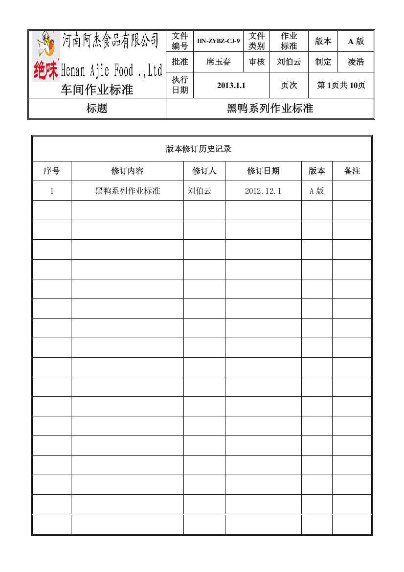 黑鸭系列作业标准HN-ZYBZ-CJ-9