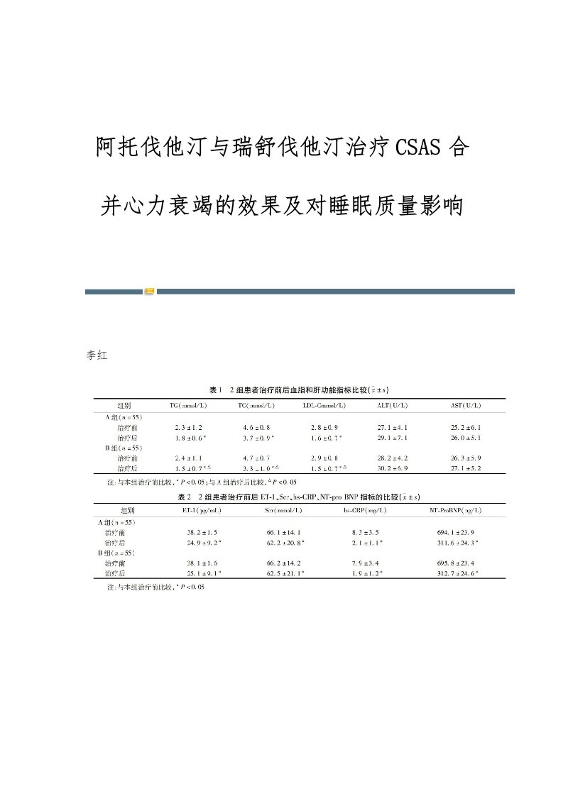 阿托伐他汀与瑞舒伐他汀治疗CSAS合并心力衰竭的效果及对睡眠质量影响