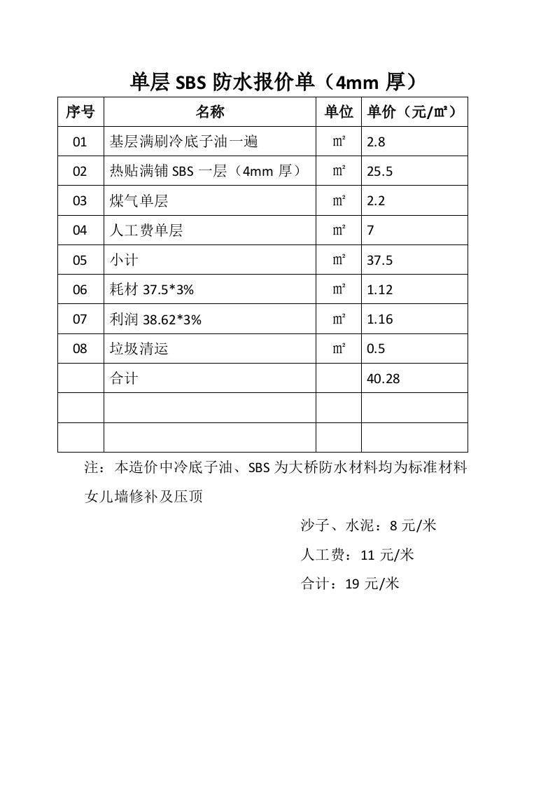 单层SBS防水报价单