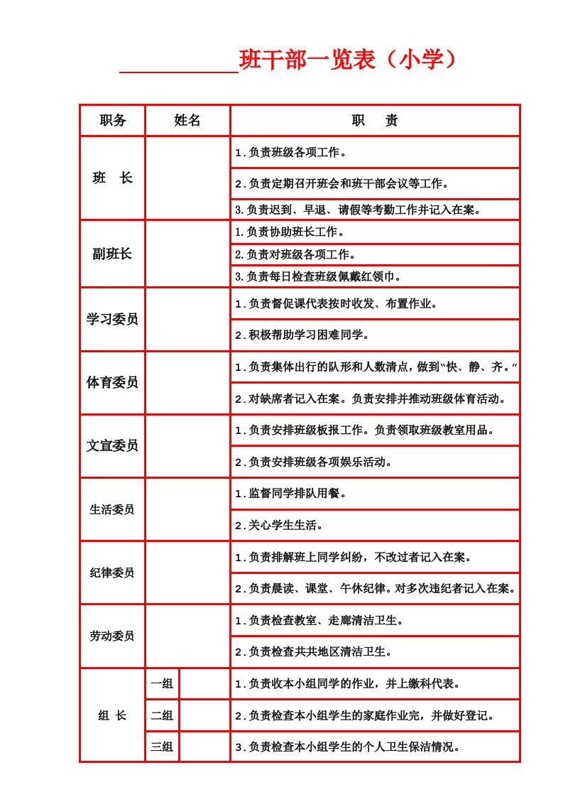 班干部一览表(小学)