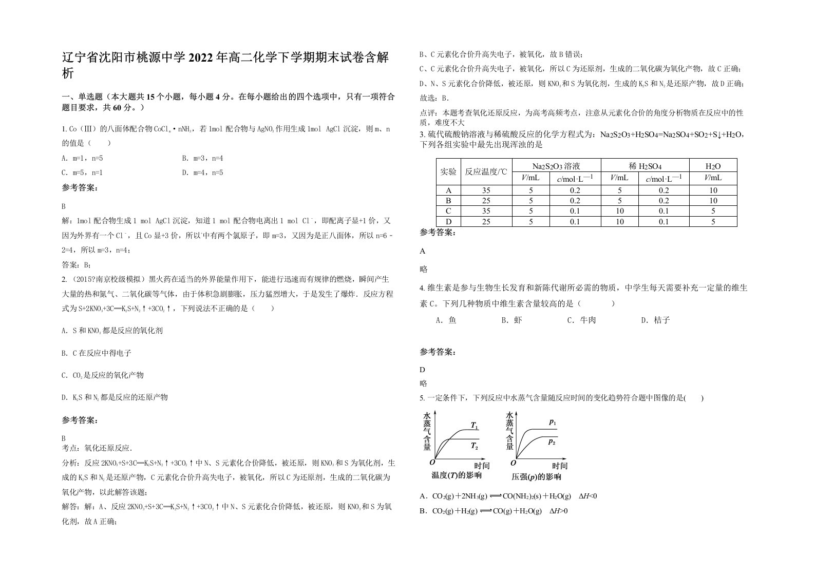 辽宁省沈阳市桃源中学2022年高二化学下学期期末试卷含解析