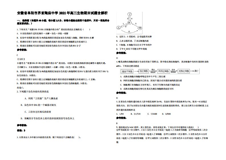 安徽省阜阳市界首陶庙中学2021年高三生物期末试题含解析