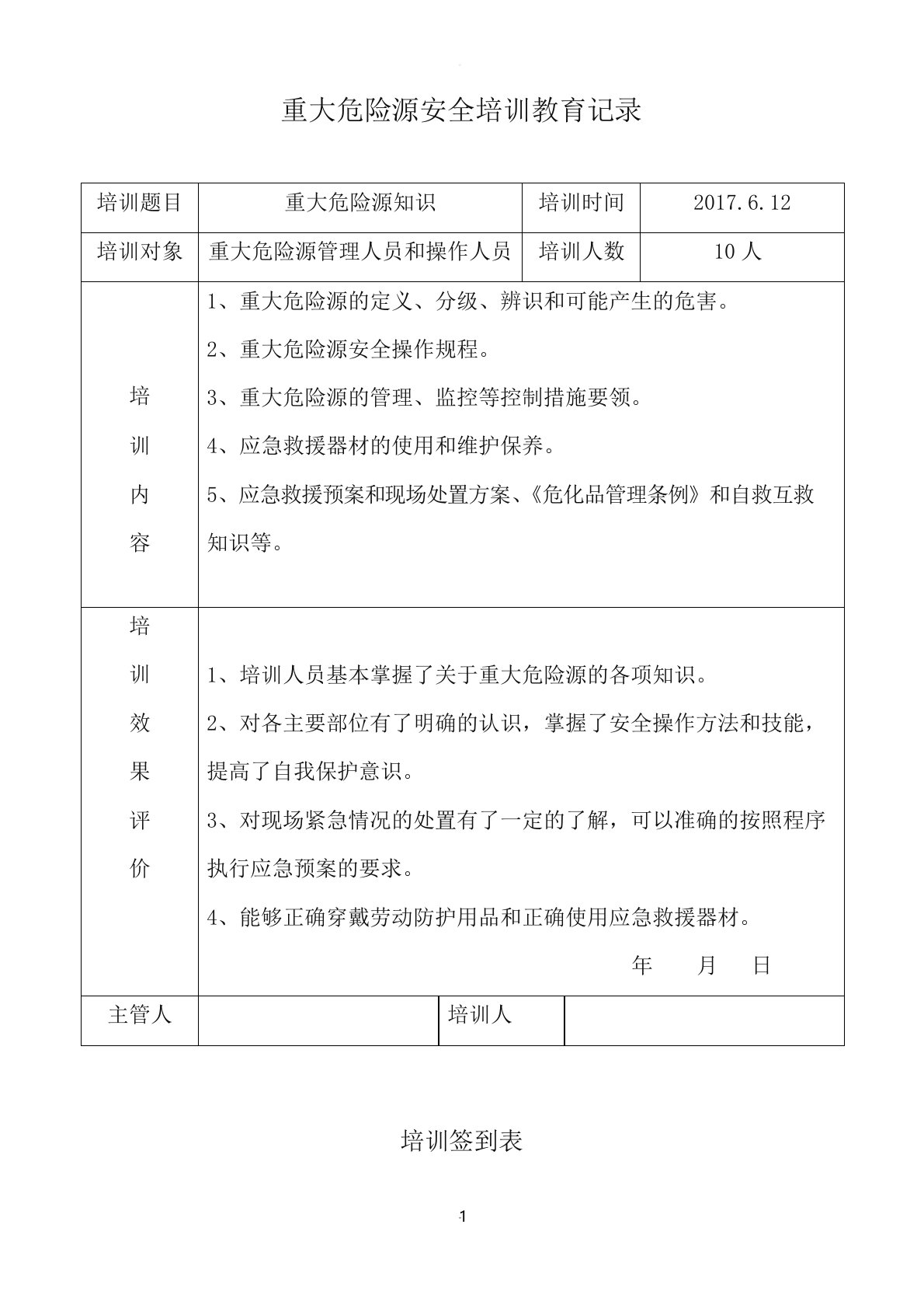 重大危险源安全培训教育记录