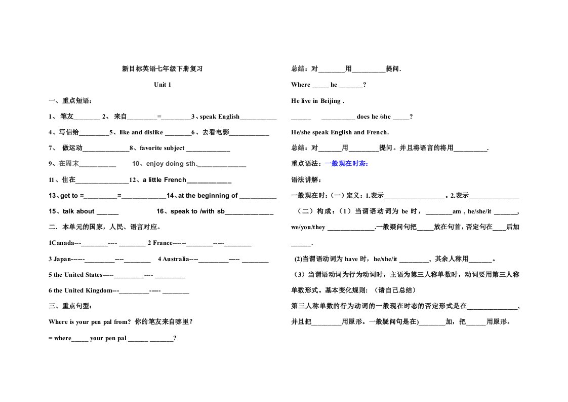 七年级英语下册复习-词汇语法