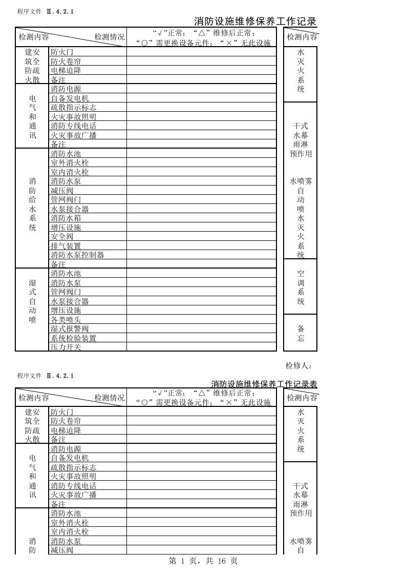 消防设施维修保养记录(月度)