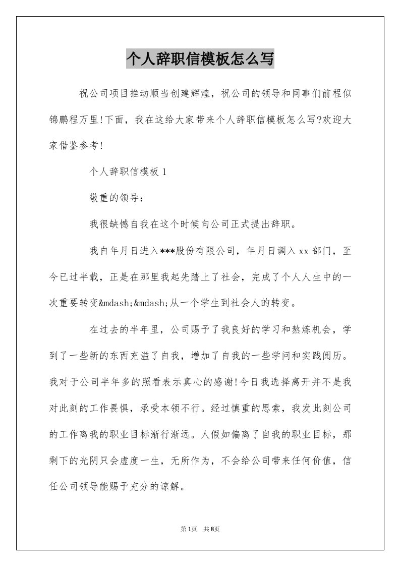 个人辞职信模板怎么写