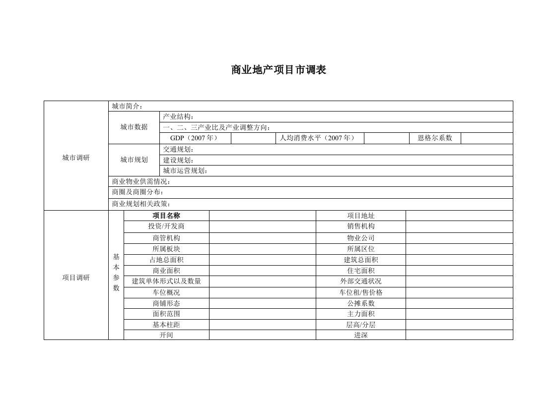 商业地产项目市调表