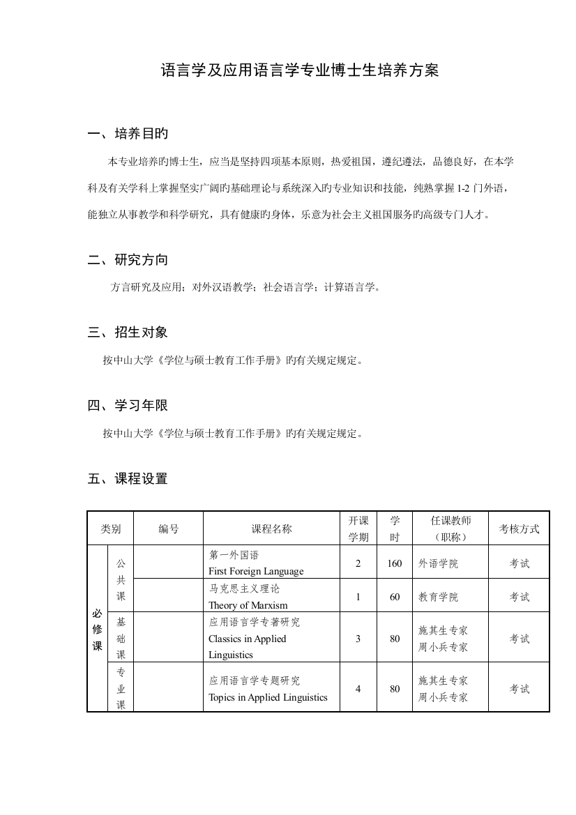 语言学及应用语言学专业博士生培养方案