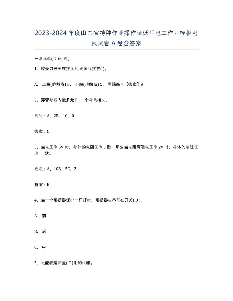 2023-2024年度山东省特种作业操作证低压电工作业模拟考试试卷A卷含答案