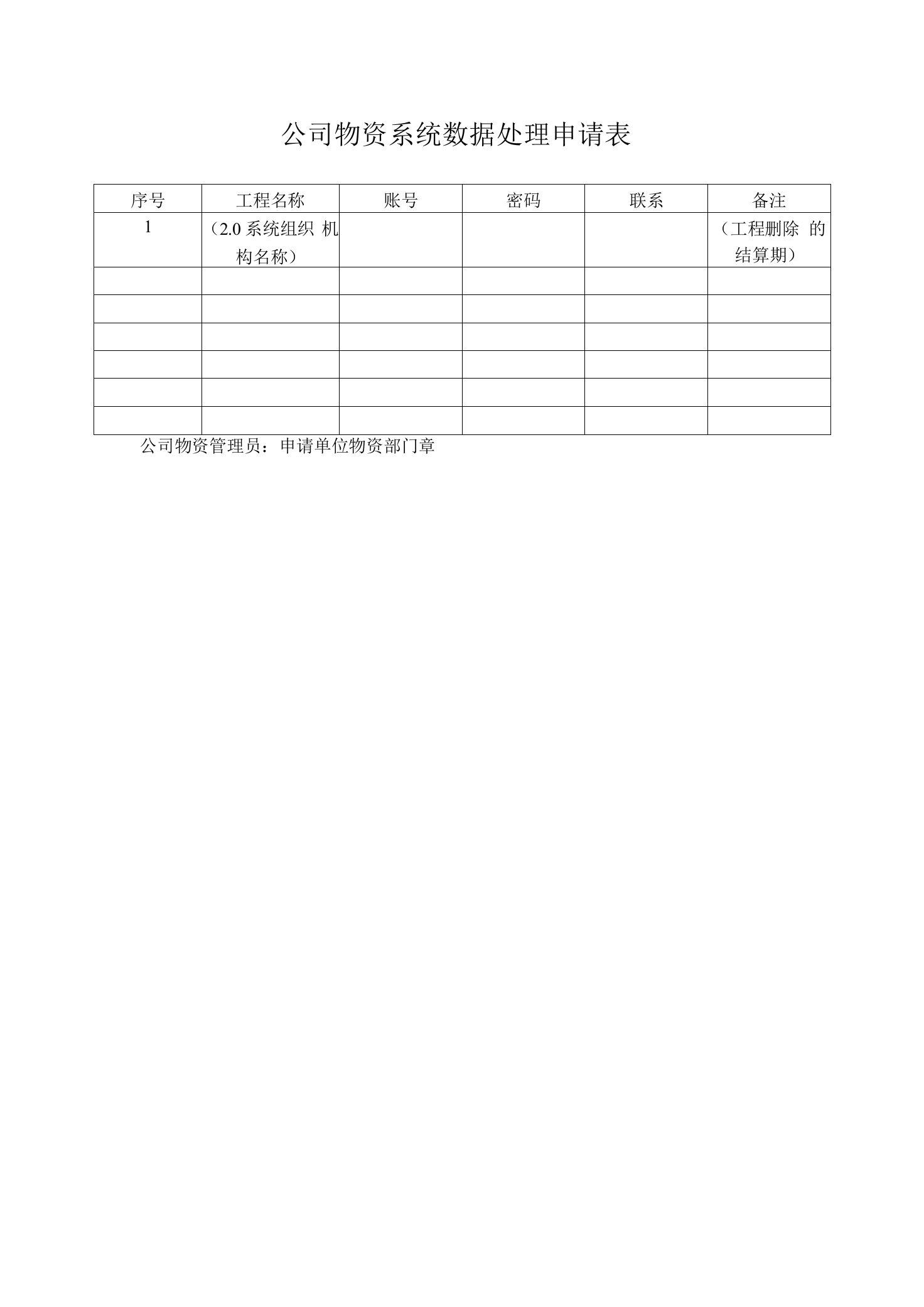 公司物资系统数据处理申请表