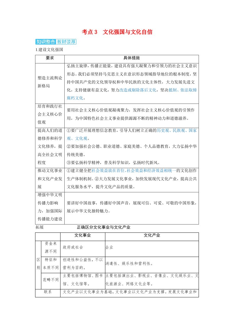 备考2024届高考政治一轮复习讲义必修4第九课发展中国特色社会主义文化考点3文化强国与文化自信