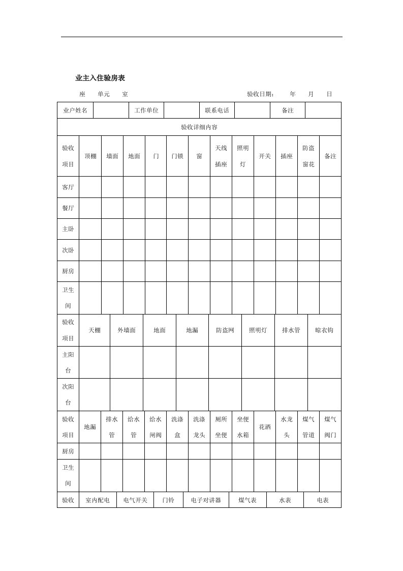 【管理精品】业主入住验房表