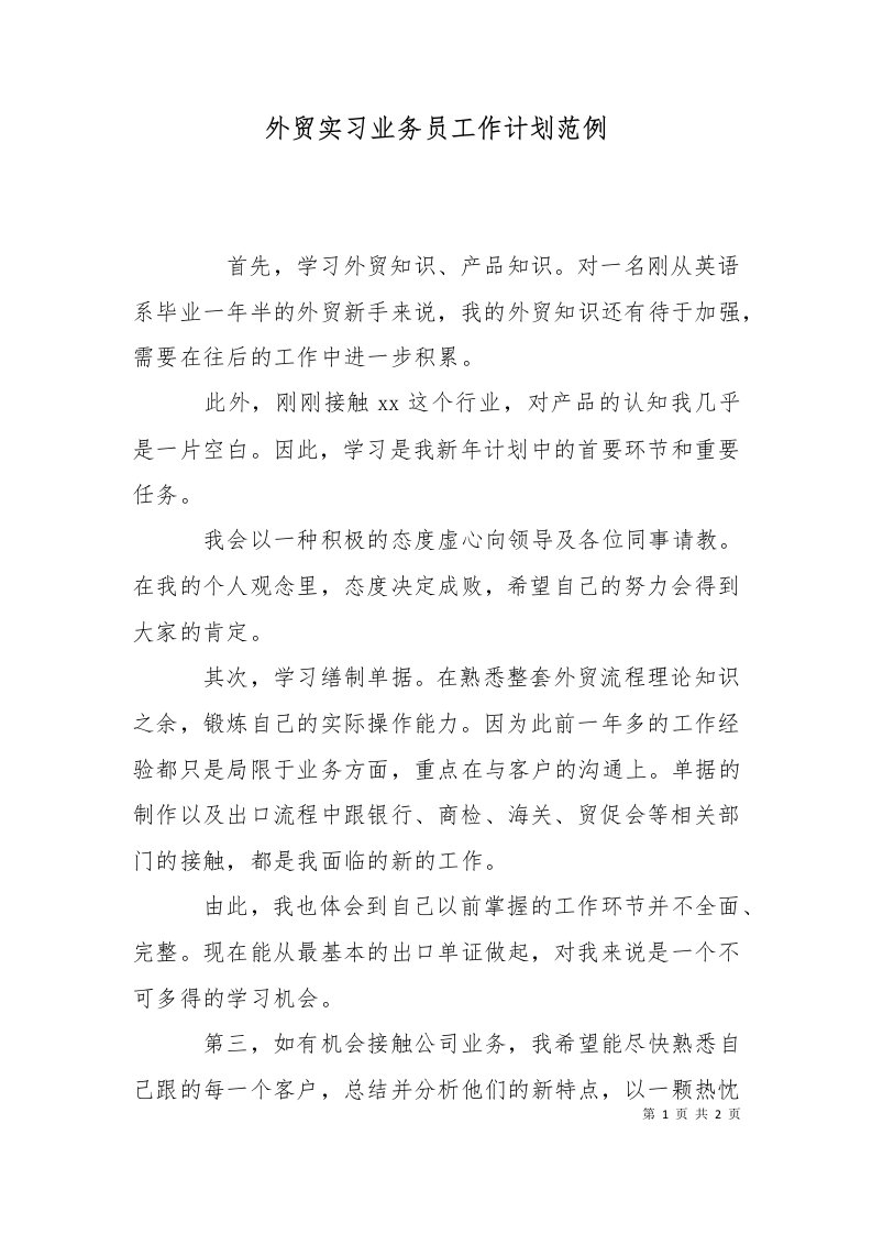 精选外贸实习业务员工作计划范例