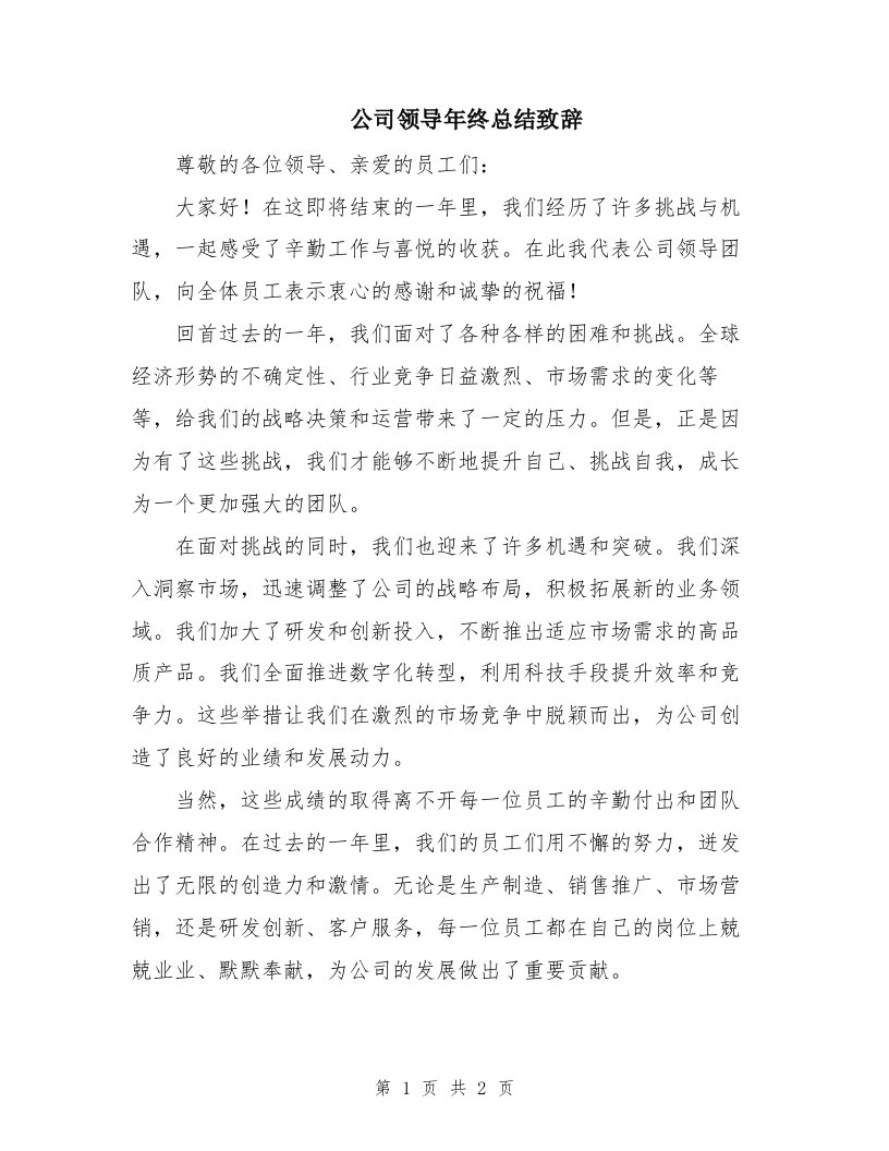 公司领导年终总结致辞