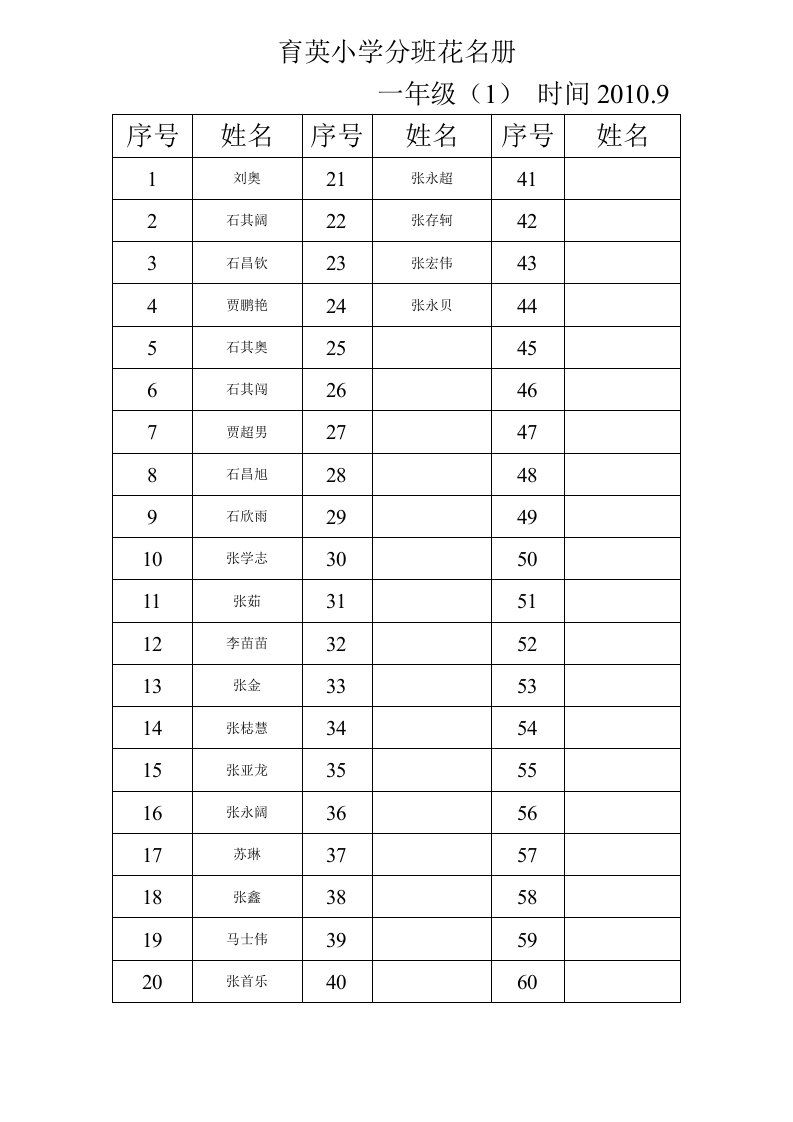 育英小学分班花名册