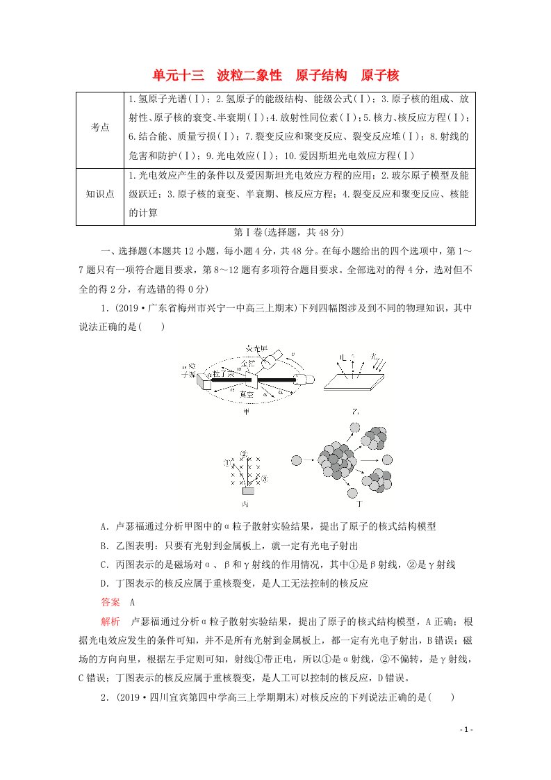 2021届高考物理一轮复习专题重组卷第一部分单元十三波粒二象性原子结构原子核含解析