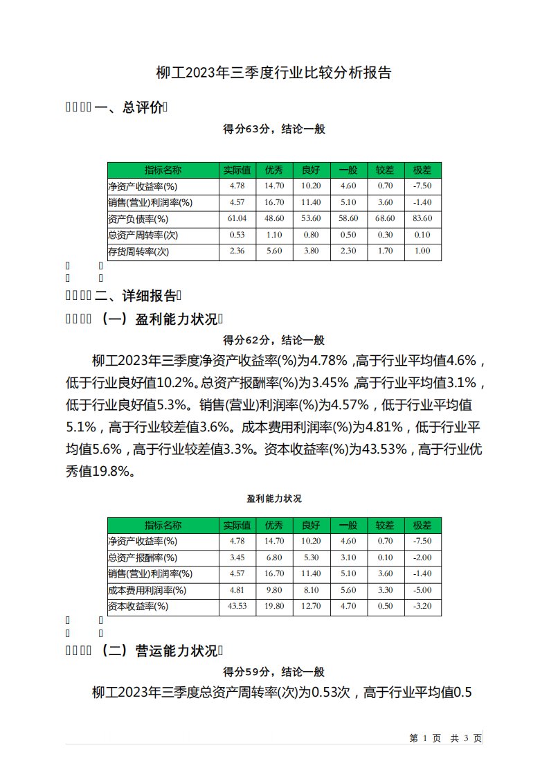 000528柳工2023年三季度行业比较分析报告