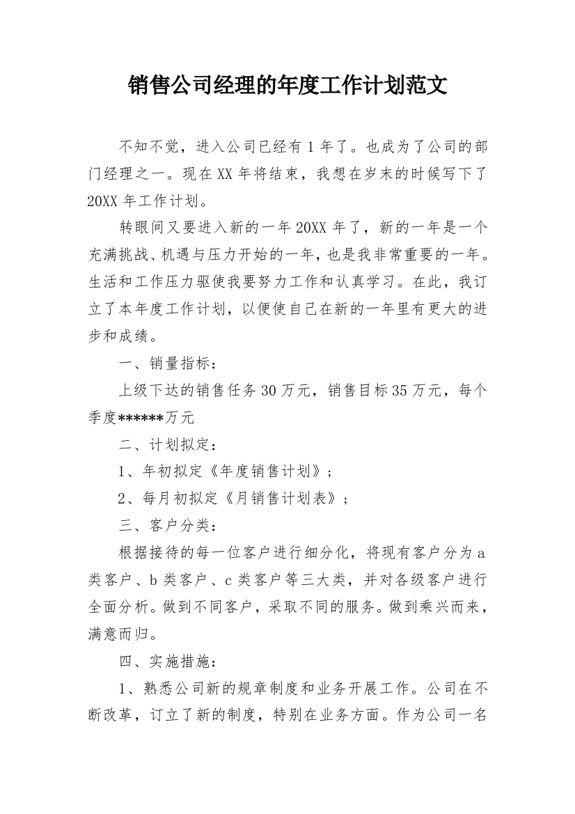 销售公司经理的年度工作计划范文