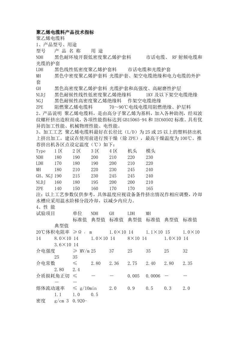 聚乙烯电缆料产品技术指标