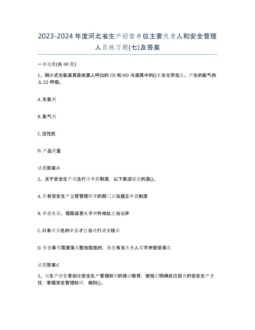 20232024年度河北省生产经营单位主要负责人和安全管理人员练习题七及答案