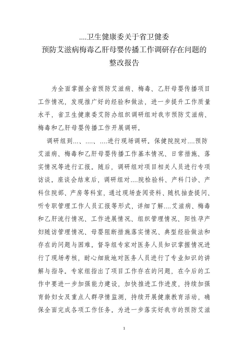 预防艾滋病梅毒乙肝母婴传播工作调研存在问题整改报告