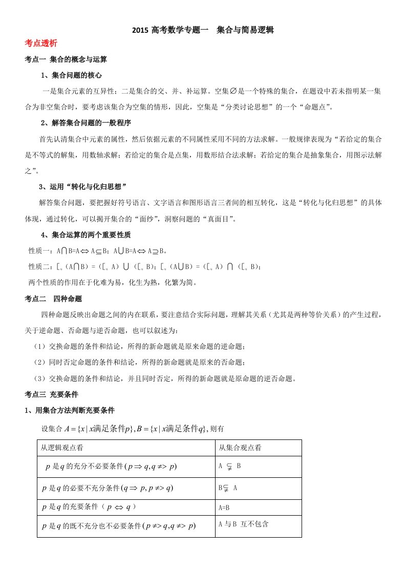 2015高考数学专题一集合与简易逻辑