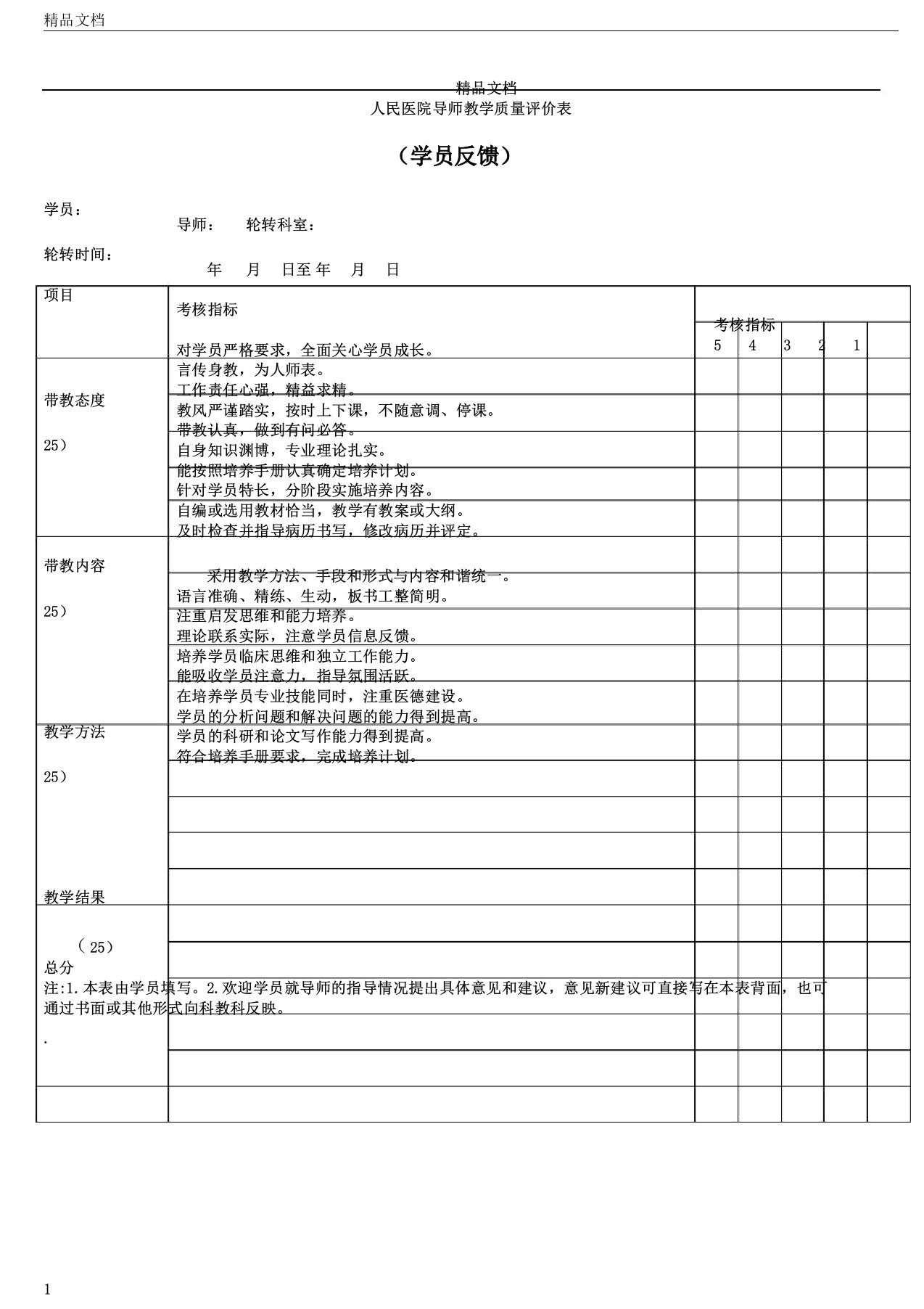 住院医师规范化培训导师教学质量评价表格