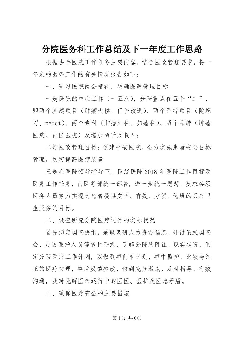 分院医务科工作总结及下一年度工作思路