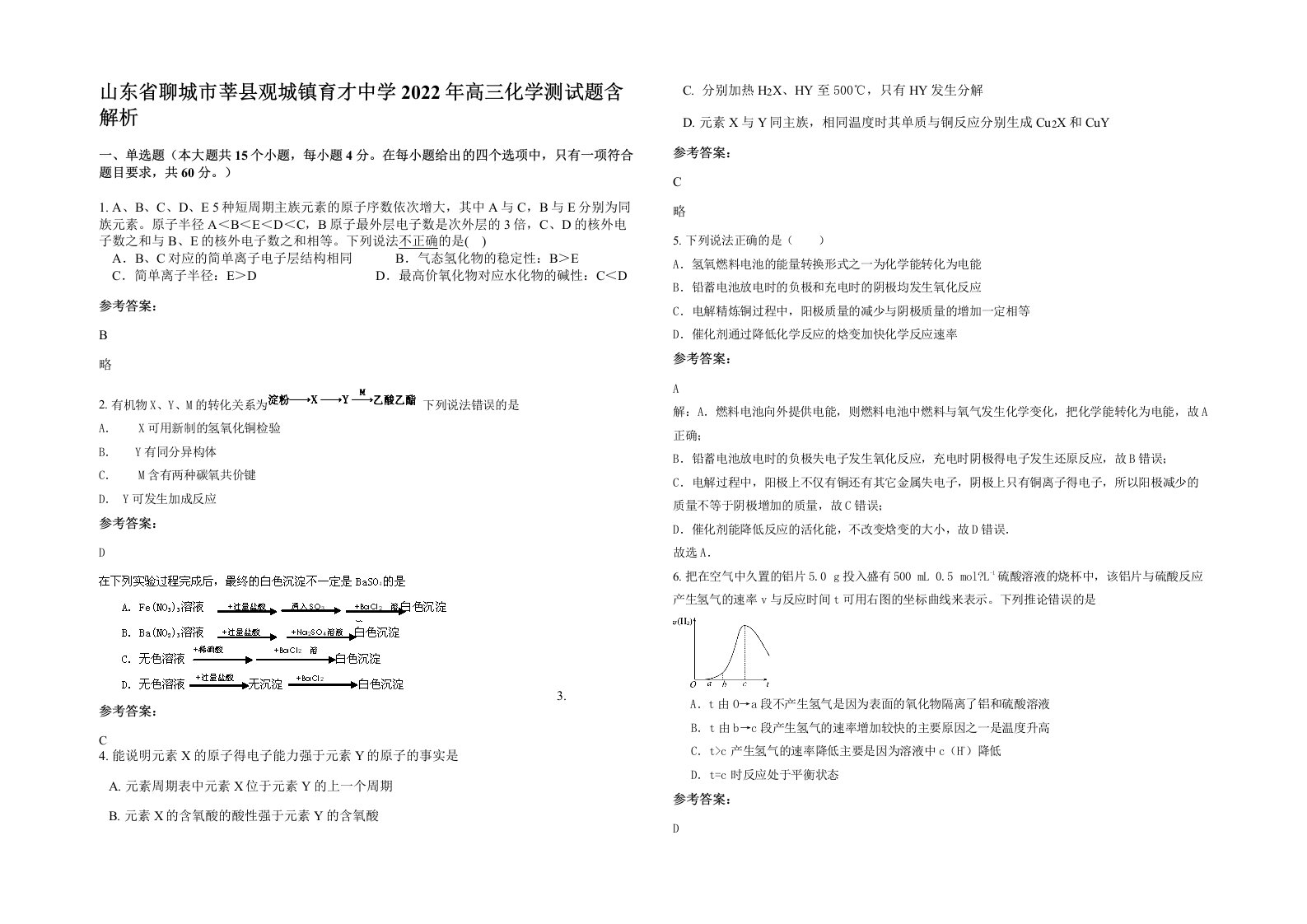 山东省聊城市莘县观城镇育才中学2022年高三化学测试题含解析