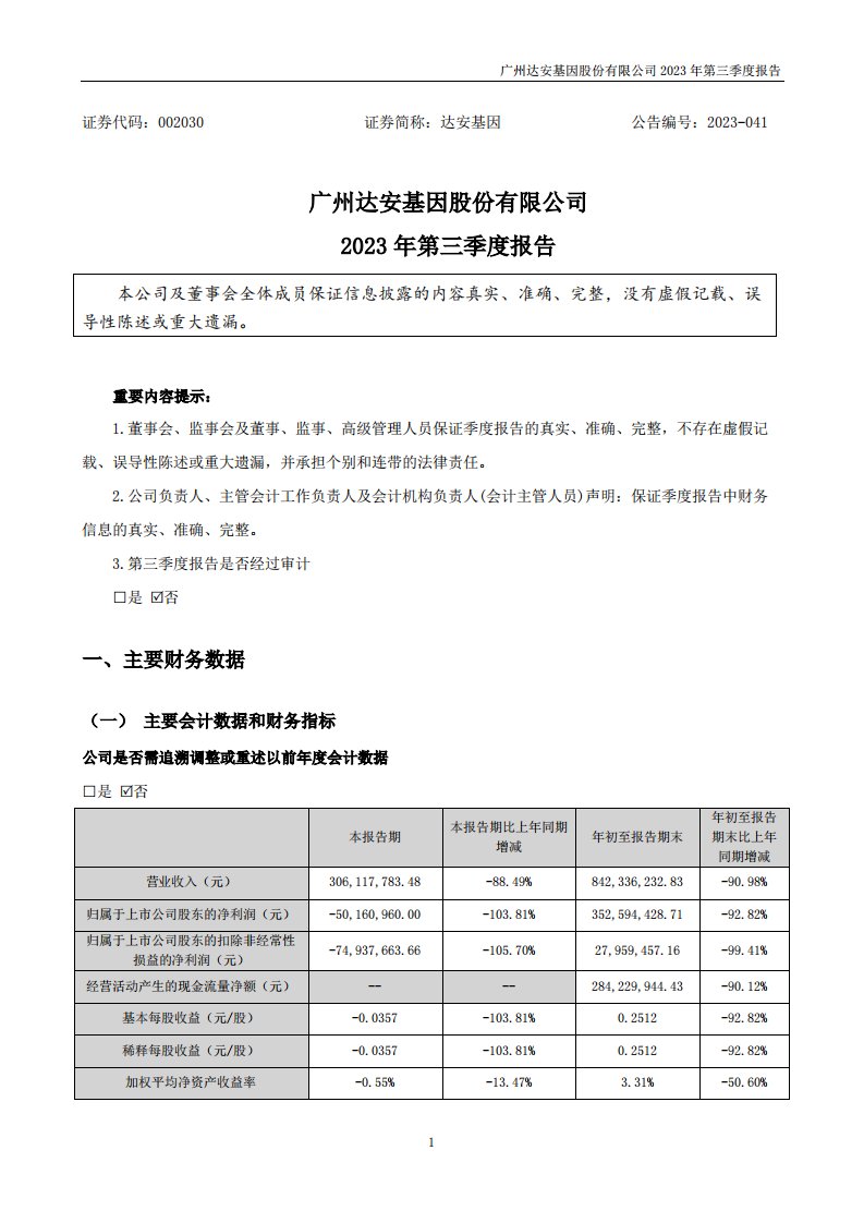 深交所-达安基因：2023年三季度报告-20231031