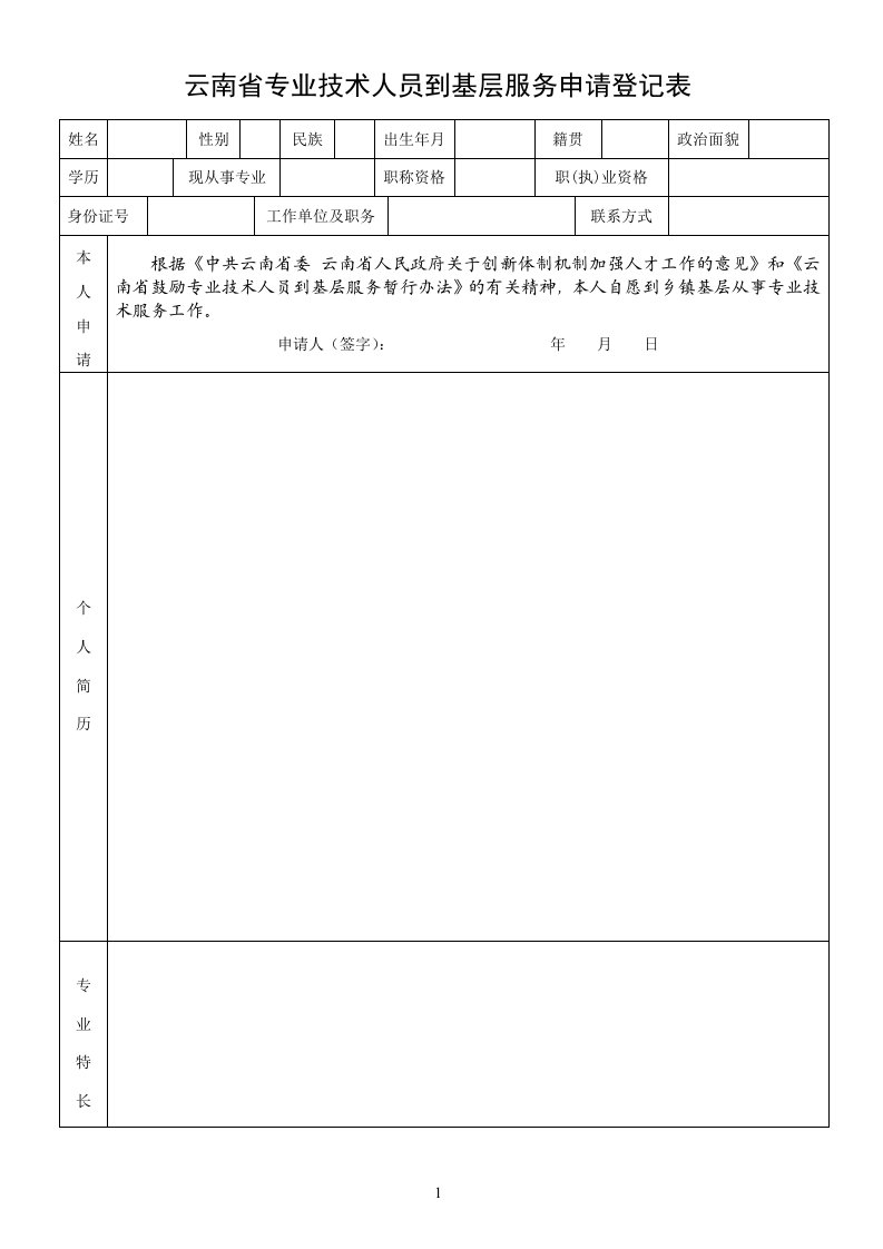 云南省专业技术人员到基层服务申请登记表