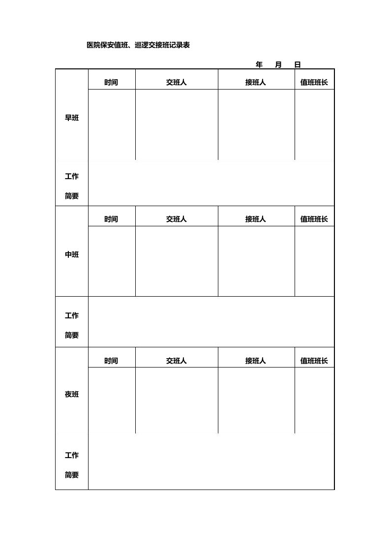 医院保安值班、巡逻交接班记录表