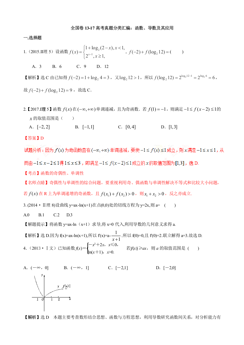 (完整word)13-17全国卷理科高考导数、函数题(详解版)