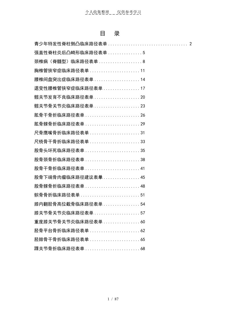 骨科临床路径表单汇总（明细）