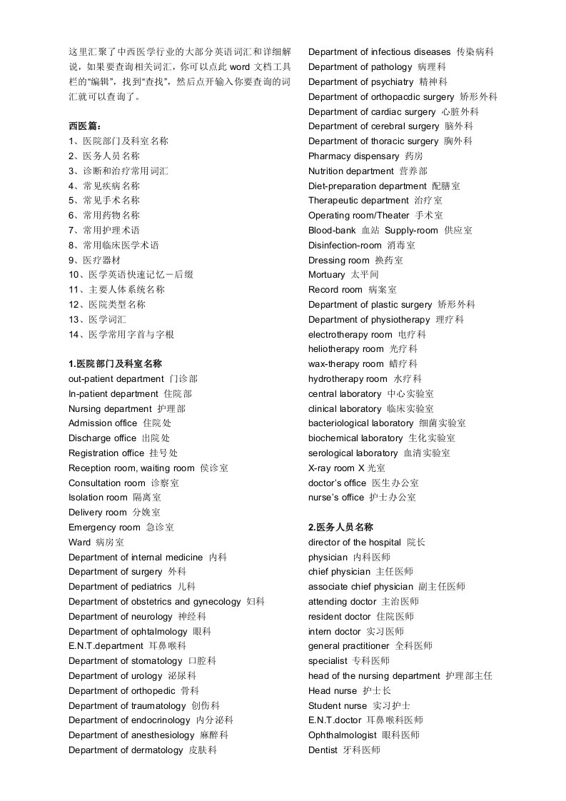 医学英语翻译常用专业词汇