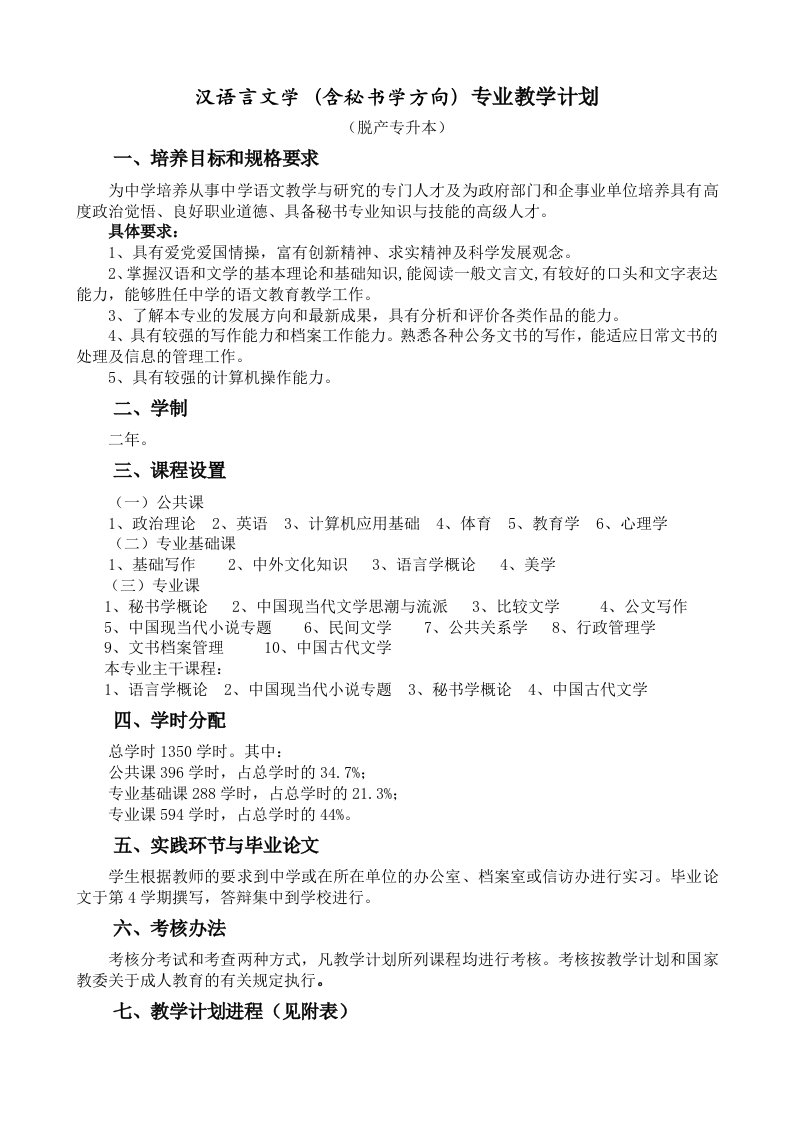 汉语言文学(含秘书学方向)专业教学计划