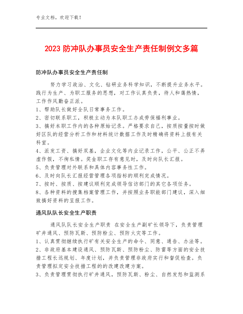 2023防冲队办事员安全生产责任制例文多篇