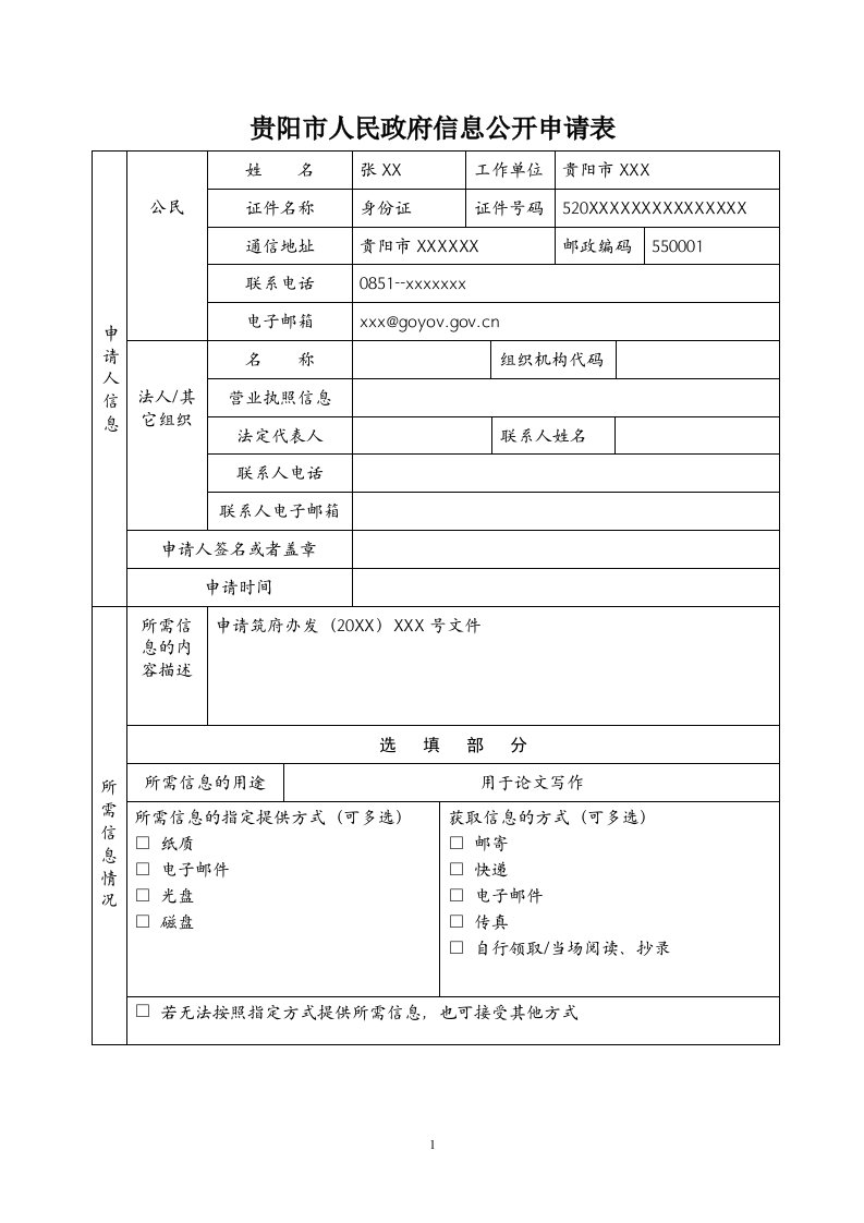 贵阳市人民政府信息公开申请表